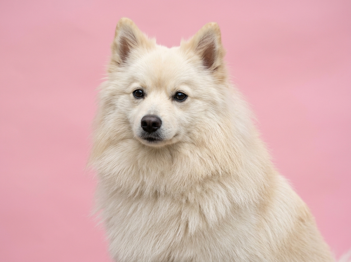 Kopfstudie eines cremeweißen Deutschen Spitz mit fuchsartigem Gesicht und deutlicher Schnauze