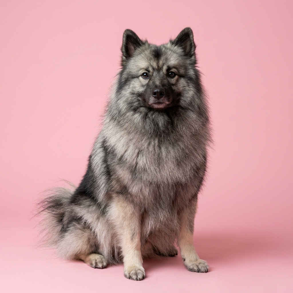 Wolfsspitz sitzend, graugewolktes Fell, dunkle Gesichtsmaske, deutliche Schnauze